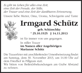 Traueranzeige von Irmgard Schütz von Märkische Oderzeitung