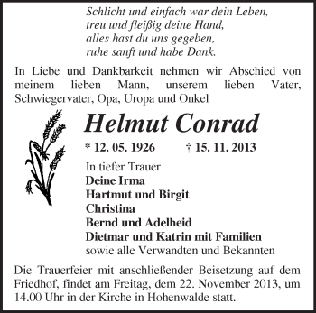 Traueranzeige von Helmut Conrad von Märkische Oderzeitung