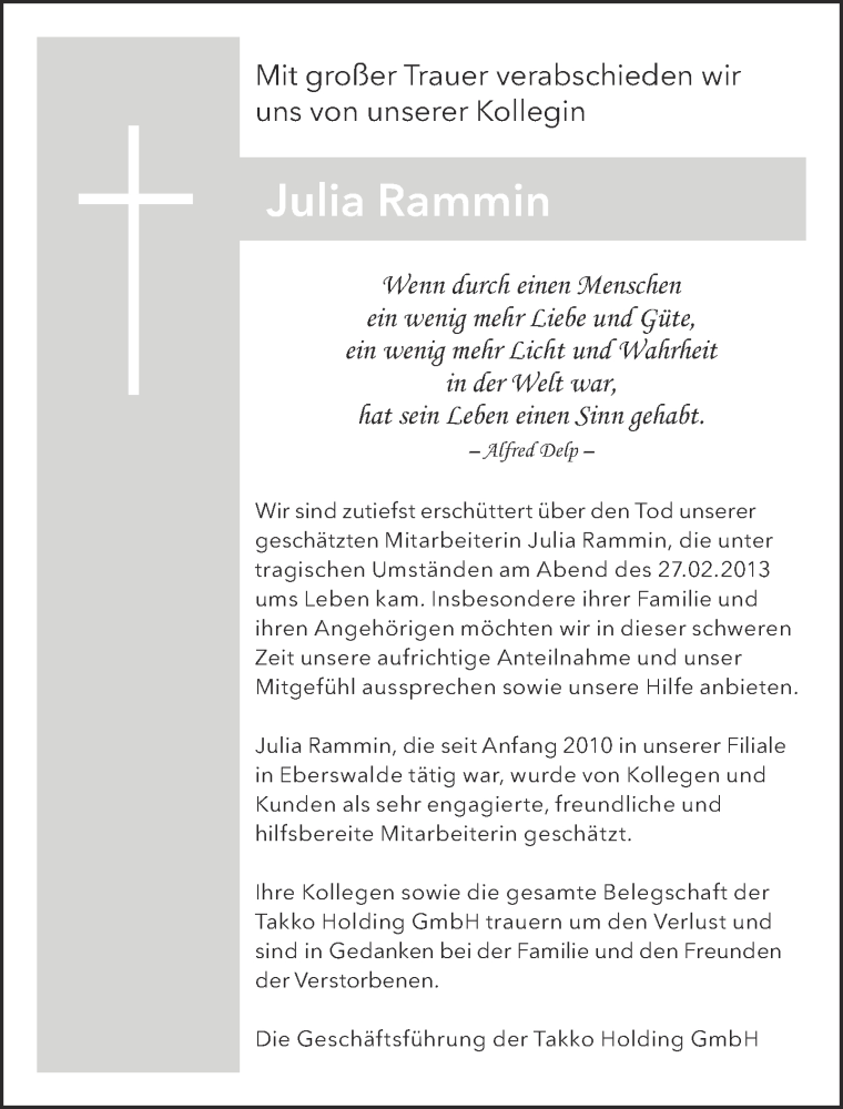  Traueranzeige für Julia Rammin vom 04.03.2013 aus Märkische Oderzeitung