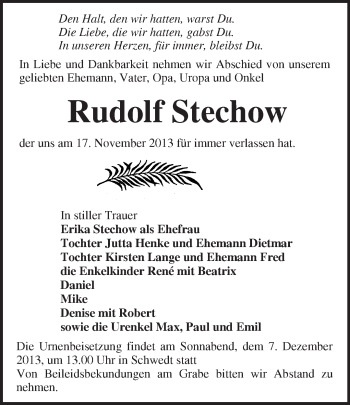 Traueranzeige von Rudolf Stechow von Märkische Oderzeitung