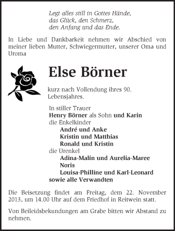 Traueranzeige von Else Börner von Märkische Oderzeitung