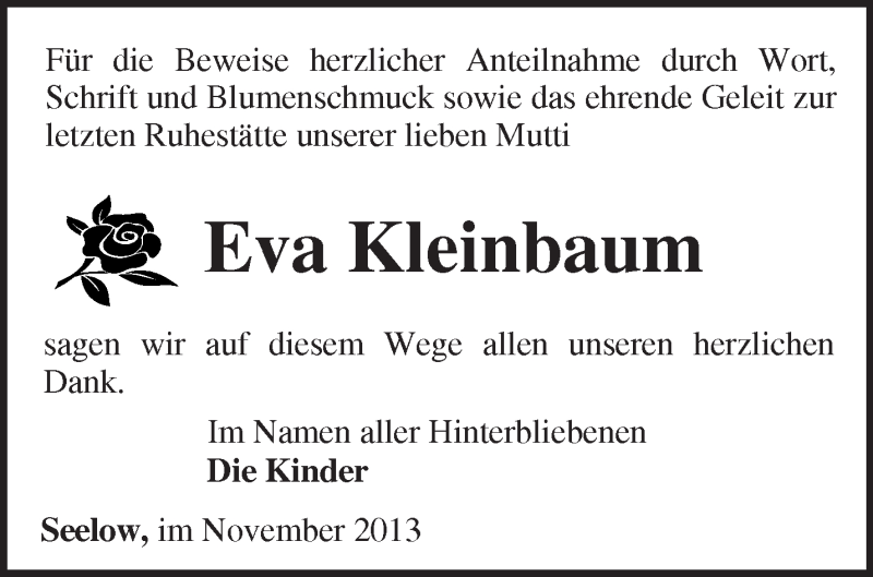  Traueranzeige für Eva Kleinbaum vom 23.11.2013 aus Märkische Oderzeitung