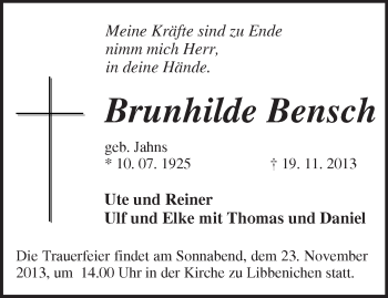 Traueranzeige von Brunhilde Bensch von Märkische Oderzeitung