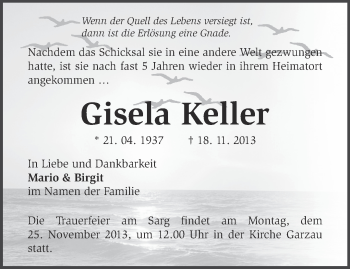 Traueranzeige von Gisela Keller von Märkische Oderzeitung