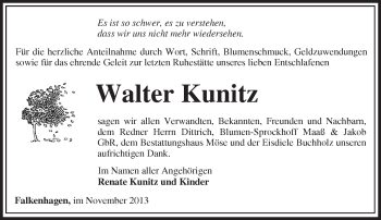 Traueranzeige von Walter Kunitz von Märkische Oderzeitung