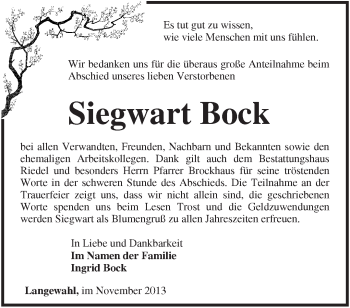 Traueranzeige von Siegwart Bock von Märkische Oderzeitung