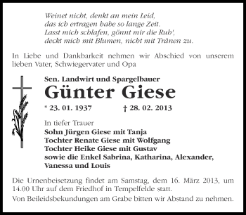 Traueranzeige von Günter Giese von Märkische Oderzeitung