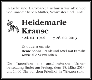 Traueranzeige von Heidemarie Krause von Märkische Oderzeitung