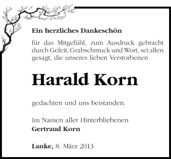 Traueranzeige von Harald Korn von Märkische Oderzeitung