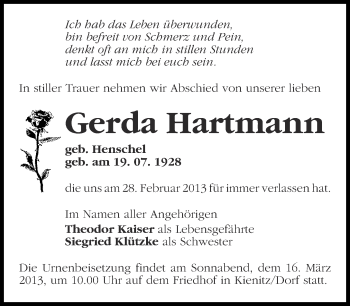 Traueranzeige von Gerda Hartmann von Märkische Oderzeitung