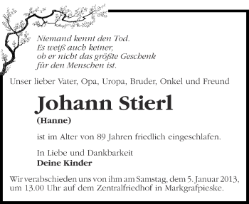 Traueranzeige von Johann Stierl von Märkische Oderzeitung