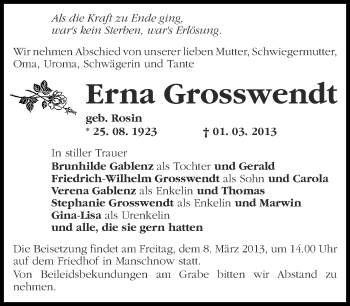 Traueranzeige von Erna Grosswendt von Märkische Oderzeitung