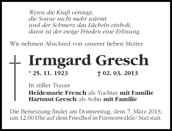 Traueranzeige von Irmgard Gresch von Märkische Oderzeitung