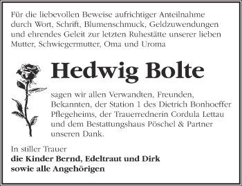 Traueranzeige von Hedwig Bolte von Märkische Oderzeitung