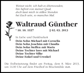 Traueranzeige von Waltraud Günther von Märkische Oderzeitung