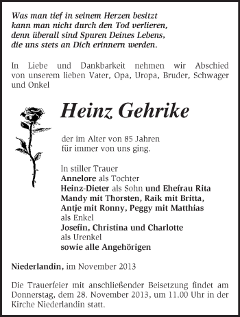 Traueranzeige von Heinz Gehrike von Märkische Oderzeitung