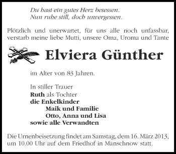 Traueranzeige von Elviera Günther von Märkische Oderzeitung