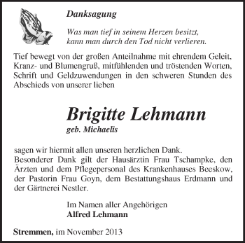 Traueranzeige von Brigitte Lehmann von Märkische Oderzeitung