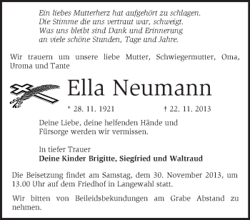 Traueranzeige von Ella Neumann von Märkische Oderzeitung