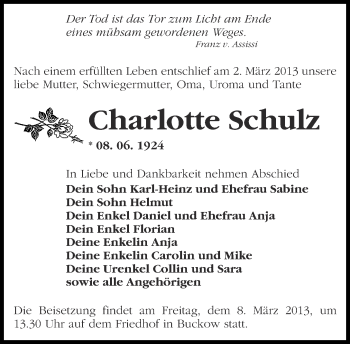 Traueranzeige von Charlotte Schulz von Märkische Oderzeitung