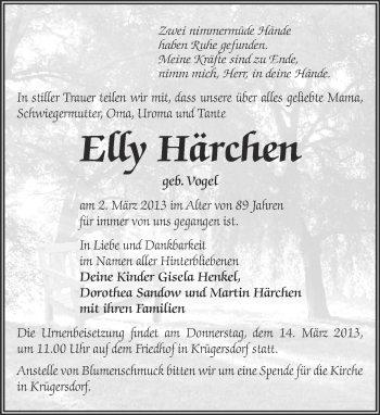 Traueranzeige von Elly Härchen von Märkische Oderzeitung