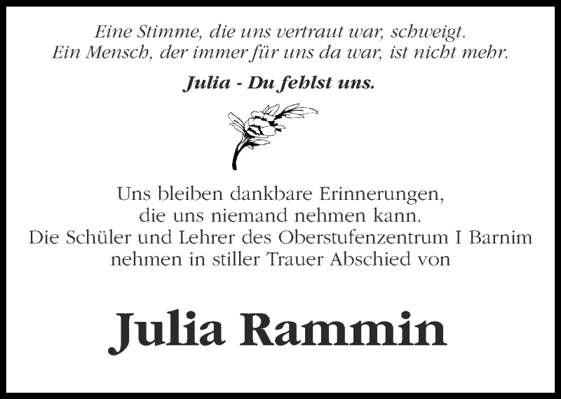  Traueranzeige für Julia Rammin vom 06.03.2013 aus Märkische Oderzeitung