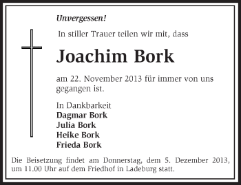 Traueranzeige von Joachim Bork von Märkische Oderzeitung