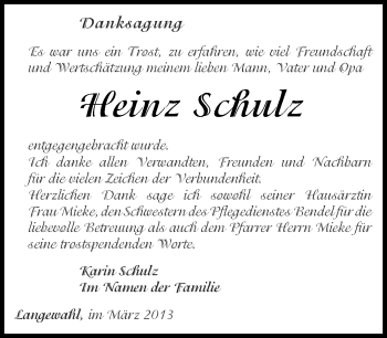 Traueranzeige von Heinz Schulz von Märkische Oderzeitung