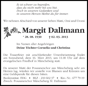 Traueranzeige von Margit Dallmann von Märkische Oderzeitung