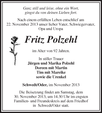 Traueranzeige von Fritz Polzehl von Märkische Oderzeitung