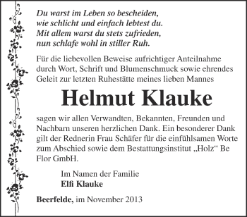 Traueranzeige von Helmut Klauke von Märkische Oderzeitung