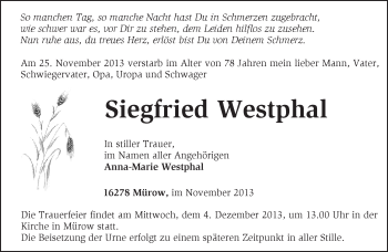 Traueranzeige von Siegfried Westphal von Märkische Oderzeitung