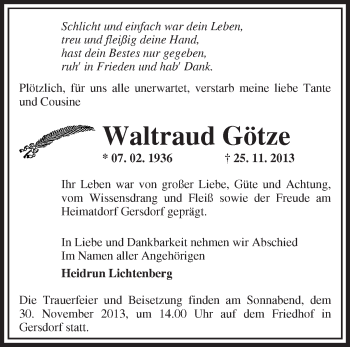 Traueranzeige von Waltraud Götze von Märkische Oderzeitung