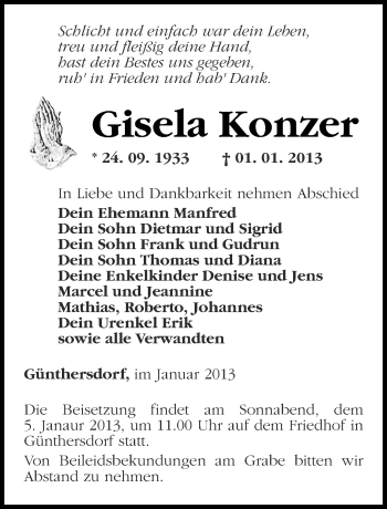 Traueranzeige von Gisela Konzer von Märkische Oderzeitung