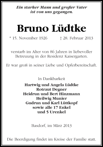 Traueranzeige von Bruno Lüdtke von Märkische Oderzeitung