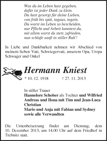 Traueranzeige von Hermann Kniest von Märkische Oderzeitung