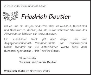 Traueranzeige von Friedrich Beutler von Märkische Oderzeitung