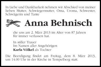 Traueranzeige von Anna Behnisch von Märkische Oderzeitung