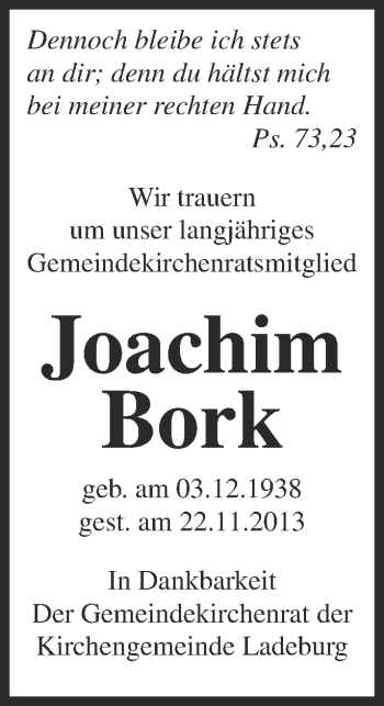 Traueranzeige von Joachim Bork von Märkische Oderzeitung