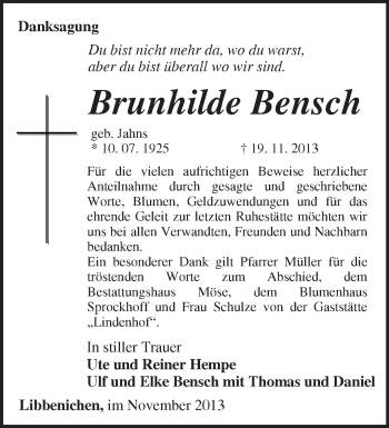 Traueranzeige von Brunhilde Bensch von Märkische Oderzeitung