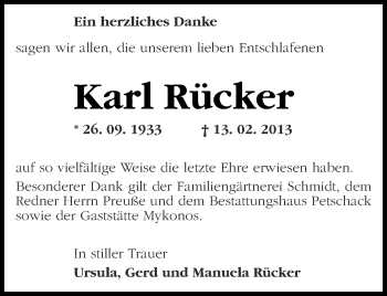 Traueranzeige von Karl Rücker von Märkische Oderzeitung