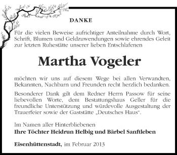 Traueranzeige von Martha Vogeler von Märkische Oderzeitung