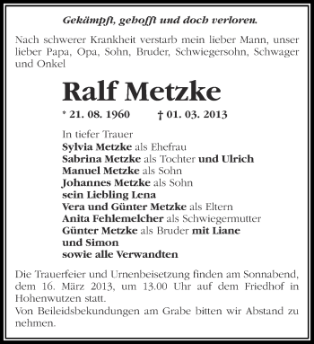 Traueranzeige von Ralf Metzke von Märkische Oderzeitung