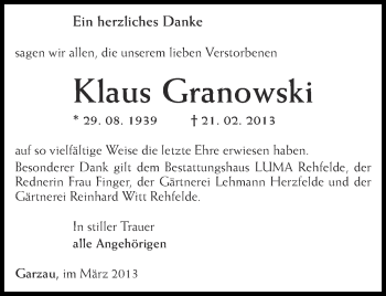 Traueranzeige von Klaus Granowski von Märkische Oderzeitung