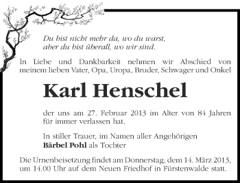 Traueranzeige von Karl Henschel von Märkische Oderzeitung