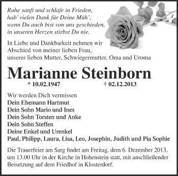 Traueranzeige von Marianne Steinborn von Märkische Oderzeitung