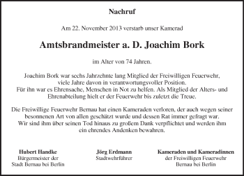 Traueranzeige von Joachim Bork von Märkische Oderzeitung