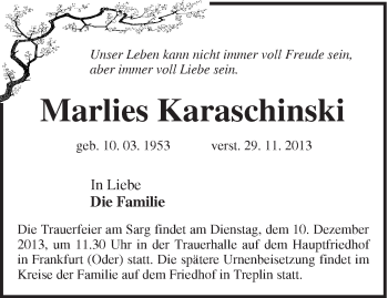 Traueranzeige von Marlies Karaschinski von Märkische Oderzeitung