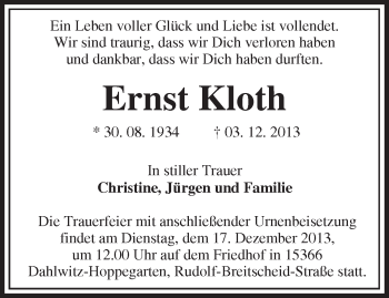 Traueranzeige von Ernst Kloth von Märkische Oderzeitung