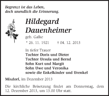 Traueranzeige von Hildegard Dauenheimer von Märkische Oderzeitung